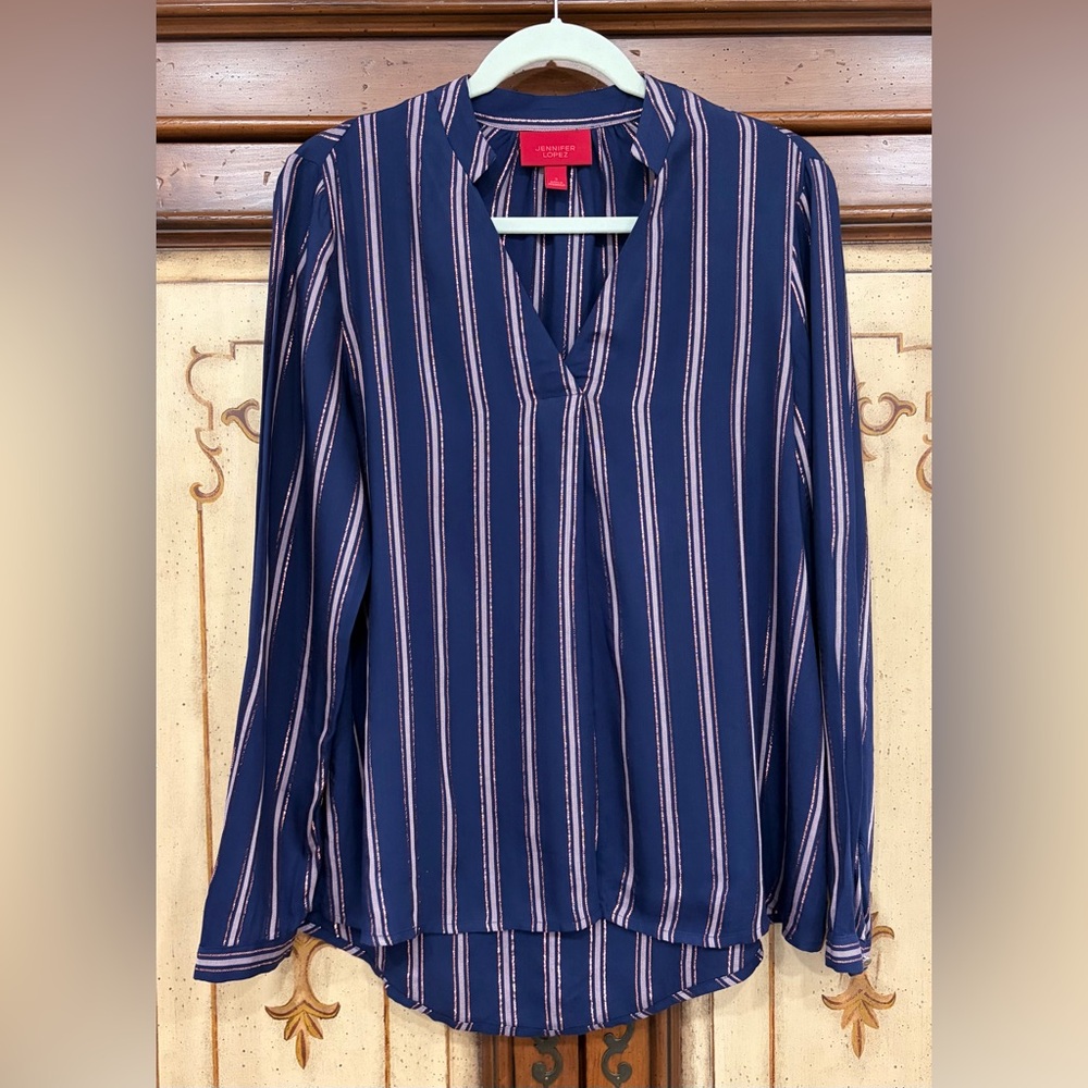 Jennifer Lopez Navy and Metallic Rose Gold Striped Long Sleeve Blouse